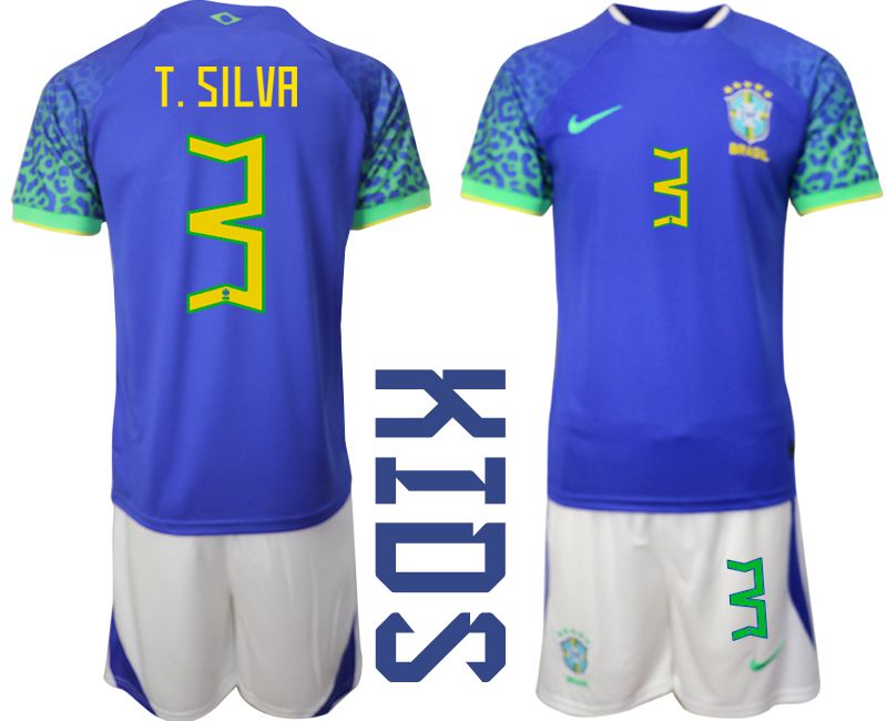Youth 2022 World Cup National Team Brazil away blue #3 Soccer Jersey->youth soccer jersey->Youth Jersey
